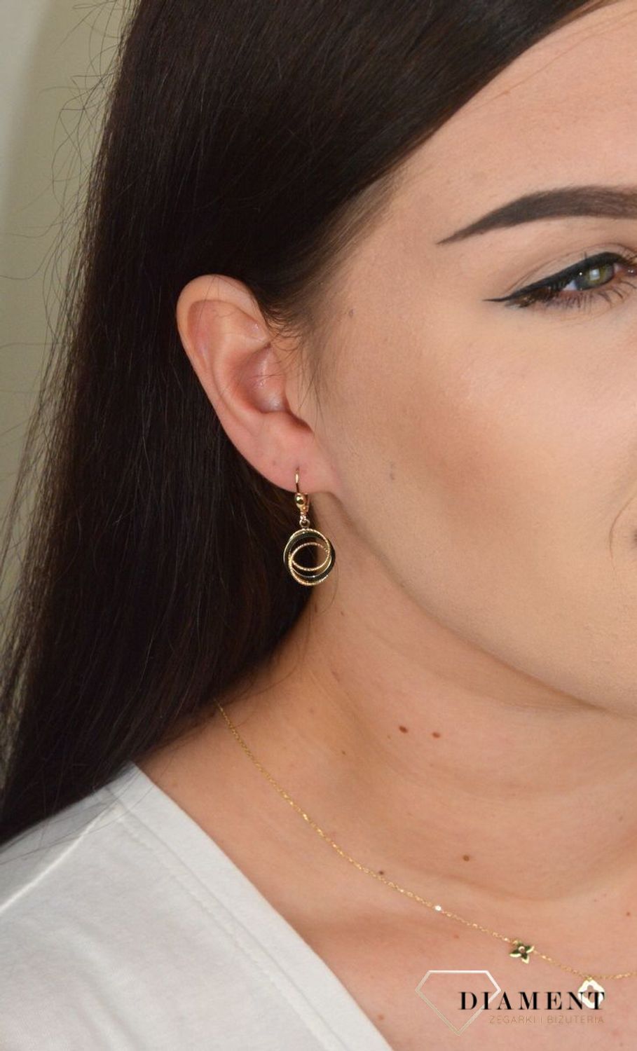 Złote kolczyki wiszące z wzorem połączonych kontur koła KL 7279.jpg